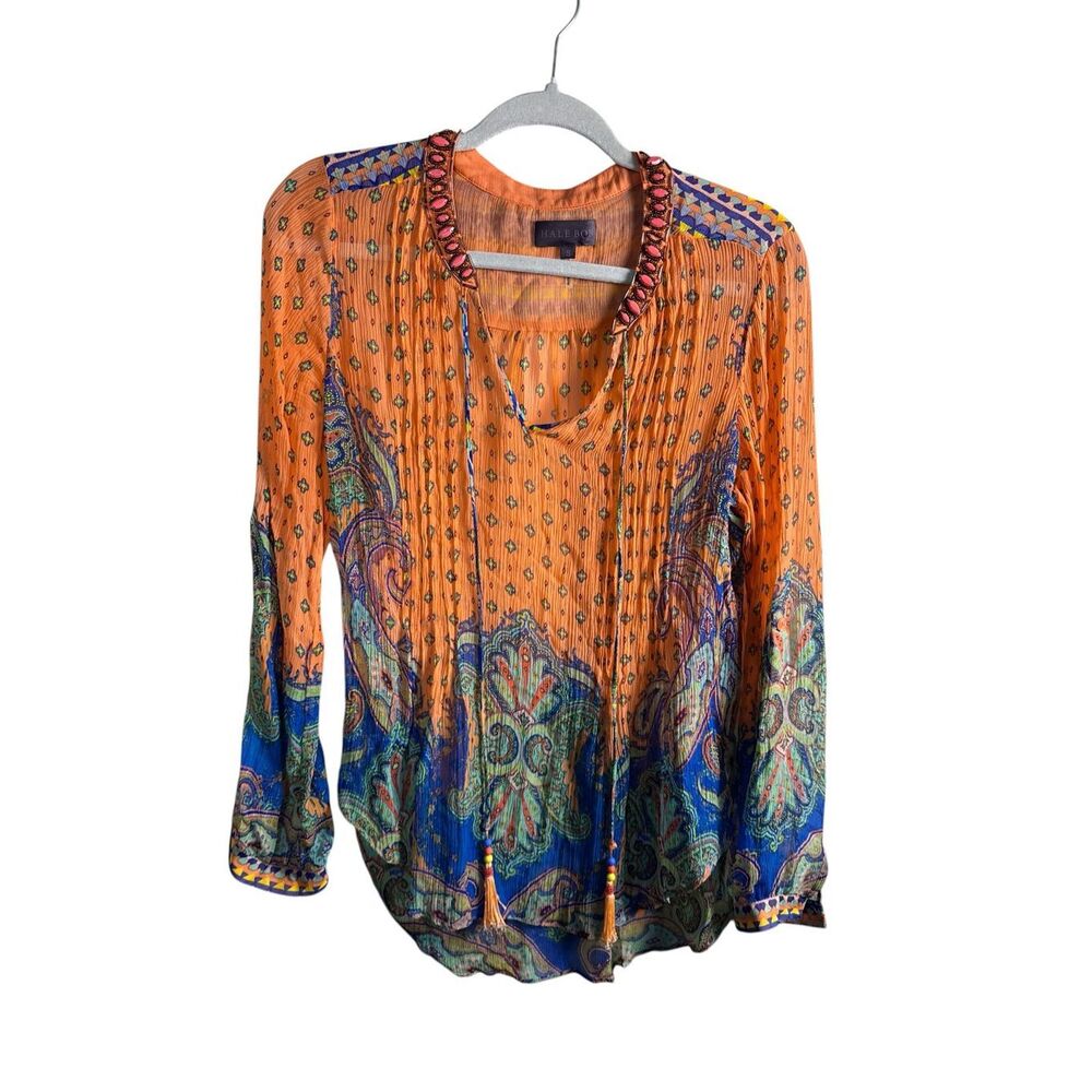 Hale Bob 100% Silk Embellished Blouse Jewels Size Small Tassels Mandala